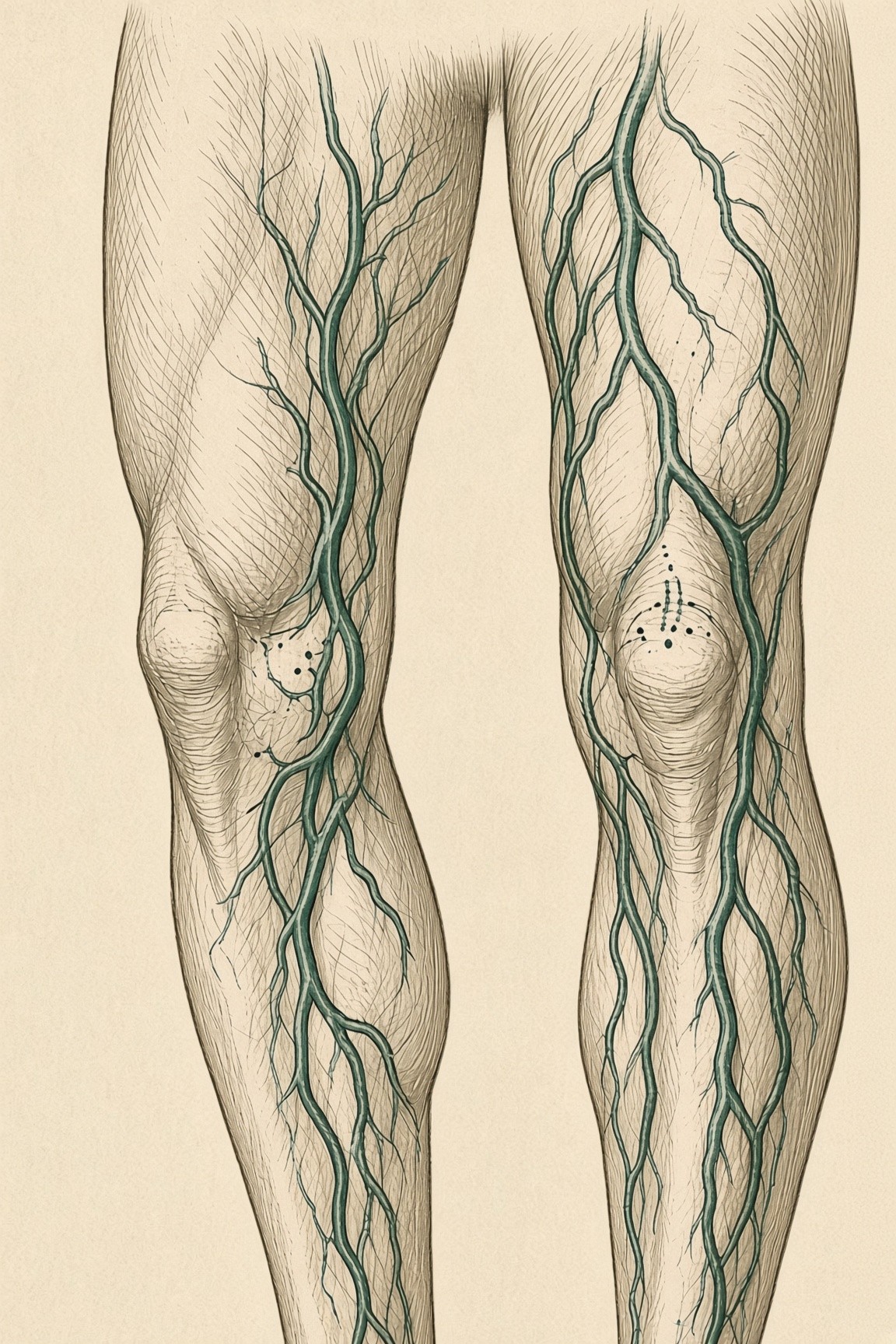 Sketch of tired legs, veins and joint discomfort — comfort care, not a medical chart